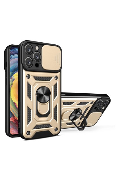 Mey İthalat®  iPhone 16 Pro Kılıf Pars Lens Yüzüklü Silikon - Gold