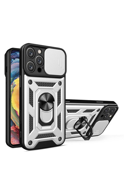 Mey İthalat®  iPhone 16 Pro Kılıf Pars Lens Yüzüklü Silikon - Gümüş