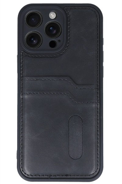 Mey İthalat®  iPhone 16 Pro Kılıf Sara Kartvizitli Deri Kılıf - Siyah