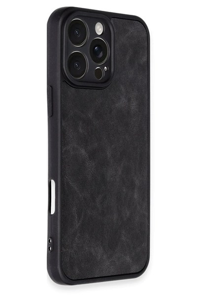 Mey İthalat®  iPhone 16 Pro Max Kılıf Aras Deri Kapak - Siyah