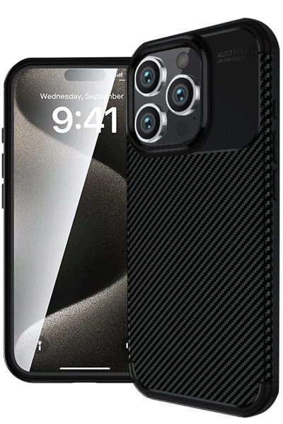 Mey İthalat®  iPhone 16 Pro Max Kılıf Auto Focus Karbon Kapak - Siyah