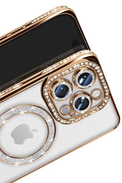 Mey İthalat®  iPhone 16 Pro Max Kılıf Joke Simli Magneticsafe Kılıf - Gold
