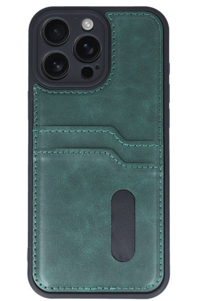 Mey İthalat®  iPhone 16 Pro Max Kılıf Sara Kartvizitli Deri Kılıf - Koyu Yeşil