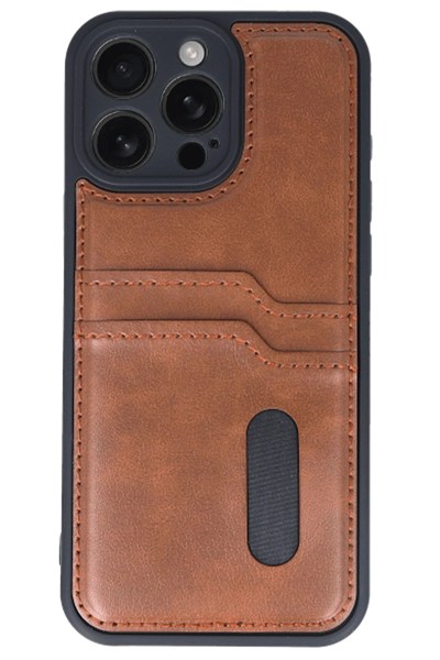 Mey İthalat®  iPhone 16 Pro Max Kılıf Sara Kartvizitli Deri Kılıf - Taba
