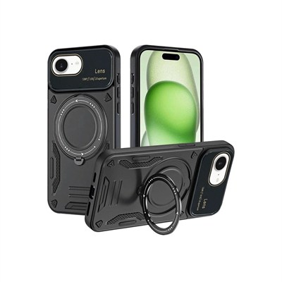 Mey İthalat®  iPhone 16E Kılıf Joy Lens Standlı Kapak - Siyah