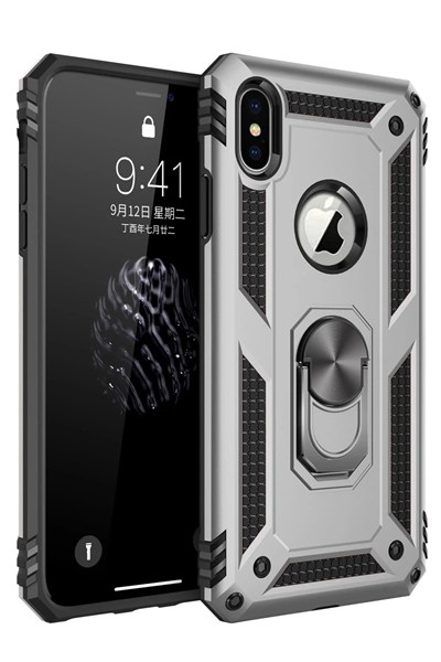Mey İthalat®  iPhone X Kılıf Sofya Yüzüklü Silikon Kapak - Gümüş