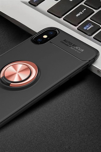 Mey İthalat®  iPhone XS Max Kılıf Range Yüzüklü Silikon - Siyah-Gold