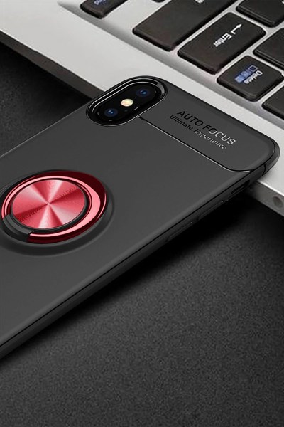 Mey İthalat®  iPhone XS Max Kılıf Range Yüzüklü Silikon - Siyah-Kırmızı
