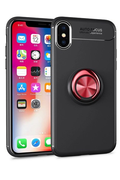 Mey İthalat®  iPhone XS Max Kılıf Range Yüzüklü Silikon - Siyah-Kırmızı