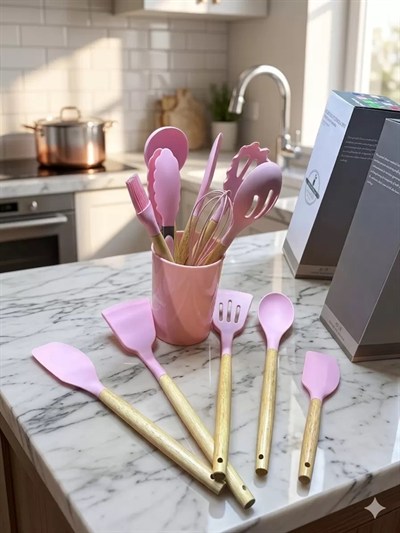 Mey İthalat® 12 Parça Bambu Saplı Silikon Mutfak Gereçleri Seti - Pembe Mutfak Servis Seti