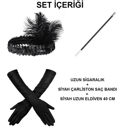 Mey İthalat® 1920'ler Gatsby Aksesuar Seti – Siyah Charleston Saç Bandı, Uzun Eldiven & Sigaralık