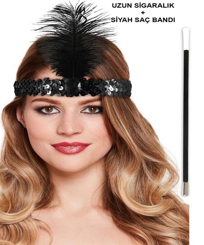 Mey İthalat® 1920'ler Gatsby Aksesuar Seti – Siyah Charleston Saç Bandı & Sigaralık