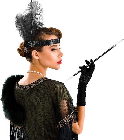 Mey İthalat® 1920'ler Gatsby Aksesuar Seti – Siyah Charleston Saç Bandı & Sigaralık