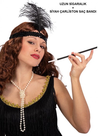Mey İthalat® 1920'ler Gatsby Aksesuar Seti – Siyah Charleston Saç Bandı & Sigaralık
