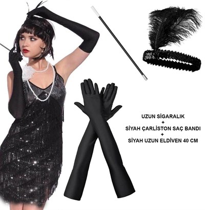 Mey İthalat® 1920'ler Gatsby Aksesuar Seti – Siyah Charleston Saç Bandı, Uzun Eldiven & Sigaralık