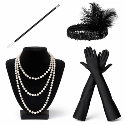 Mey İthalat® 1920’ler Çarliston Aksesuar Seti – İnci Kolye, Eldiven, Sigara Tutucu, Siyah Saç Bandı