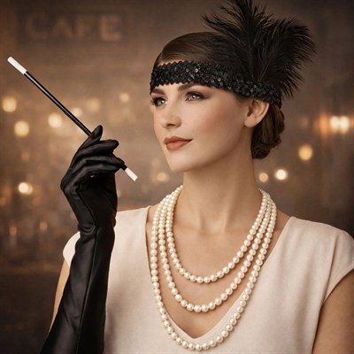 Mey İthalat® 1920’ler Çarliston Aksesuar Seti – İnci Kolye, Eldiven, Sigara Tutucu, Siyah Saç Bandı