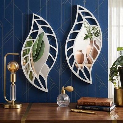 Mey İthalat® 2li Set Kırılmaz Pleksi Dekoratif Duvar Aynası - 20x35 cm Yaprak Formlu 1. Sınıf Akrilik Ayna