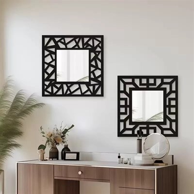 Mey İthalat® 2li Set Kırılmaz Pleksi Dekoratif Duvar Aynası - 22.5x22.5 cm Geometrik Çerçeveli 1. Sınıf Ayna