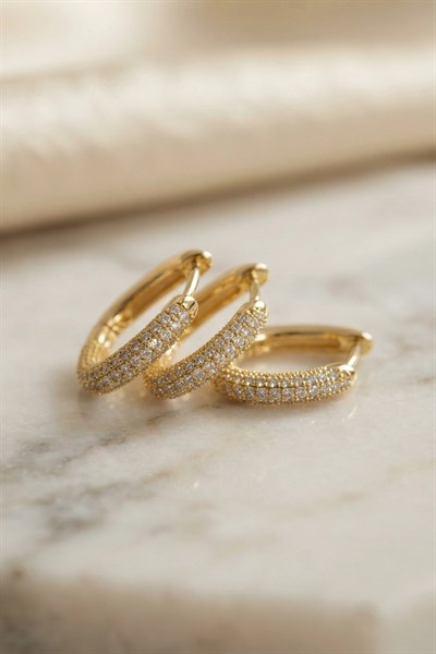 Mey İthalat® 3 lü Set Gold Renk Zirkon Taşlı Kare Halka Küpe