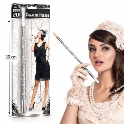 Mey İthalat® 30 cm Gümüş Payetli Sigara Tutacağı – 1920’ler Gatsby Parti Aksesuarı