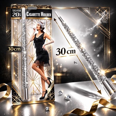 Mey İthalat® 30 cm Gümüş Payetli Sigara Tutacağı – 1920’ler Gatsby Parti Aksesuarı