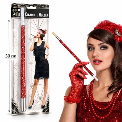 Mey İthalat® 30 cm Kırmızı Payetli Sigara Tutacağı – 1920’ler Gatsby Parti Aksesuarı