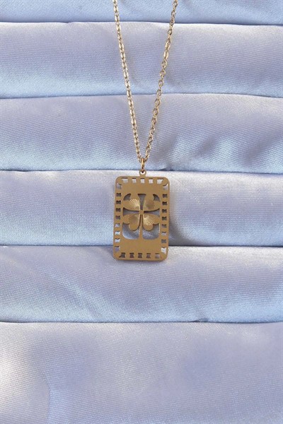 Mey İthalat® 316L Altın Renk İşlemeli Yonca Model Vintage Kolye