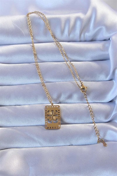 Mey İthalat® 316L Altın Renk İşlemeli Yonca Model Vintage Kolye