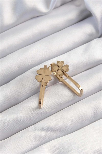 Mey İthalat® 316L Çelik Altın Renk Geometrik Yonca Model Küpe