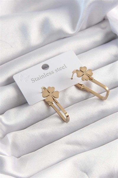 Mey İthalat® 316L Çelik Altın Renk Geometrik Yonca Model Küpe