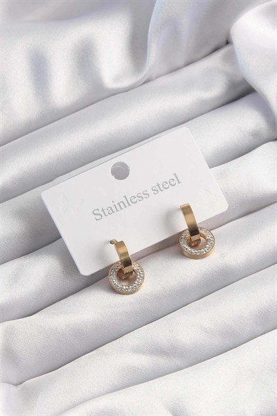 Mey İthalat® 316L Çelik Altın Renk Zirkon Taşlı Halka Model Küpe