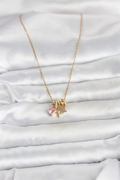 Mey İthalat® 316L Çelik Gold Pembe Zirkon Taşlı Charmlı Kadın Kolye