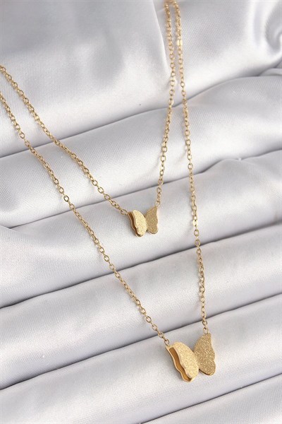 Mey İthalat® 316L Çelik Gold Renk 2Li Simli Kelebek Model Kadın Kolye