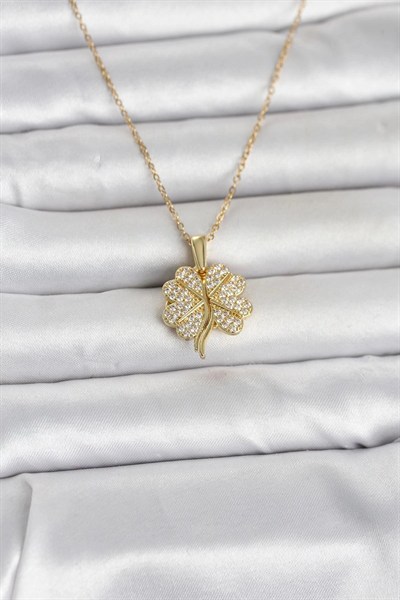 Mey İthalat® 316L Çelik Gold Renk Açılabilir Yonca Model Zirkon Taşlı Kadın Kolye