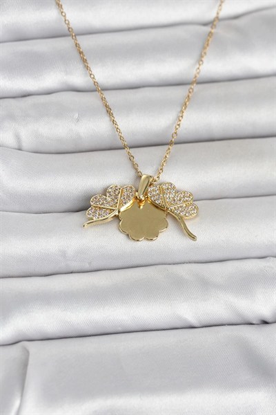Mey İthalat® 316L Çelik Gold Renk Açılabilir Yonca Model Zirkon Taşlı Kadın Kolye