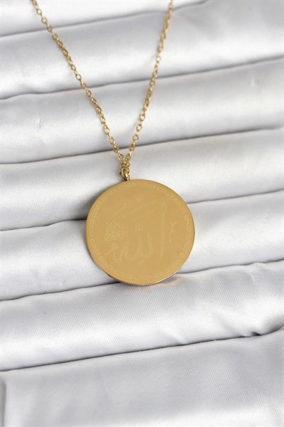 Mey İthalat® 316L Çelik Gold Renk Ayetel Kürsi ve Allah Yazılı Kolye