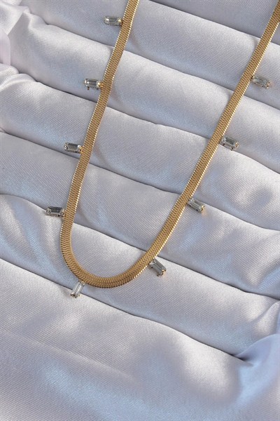 Mey İthalat® 316L Çelik Gold Renk Baget Taşlı İtalyan Zincir Kolye