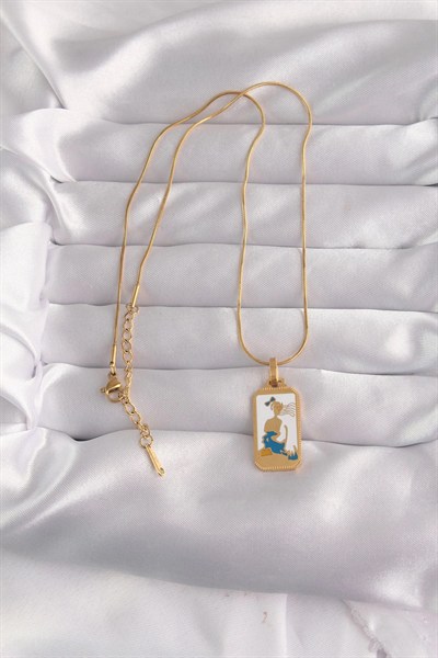Mey İthalat® 316L Çelik Gold Renk Beyaz Mineli Kız Figür Tarot Kolye