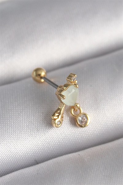 Mey İthalat® 316L Çelik Gold Renk Beyaz Mineli Kalp Sallantı Zirkon Taşlı Tragus Piercing