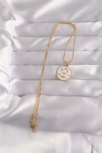 Mey İthalat® 316L Çelik Gold Renk Beyaz Mineli Karışık Figürlü Tarot Kolye