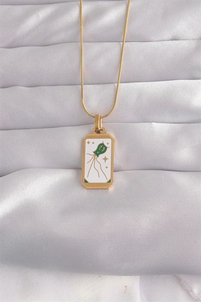 Mey İthalat® 316L Çelik Gold Renk Beyaz Mineli Tarot Kolye