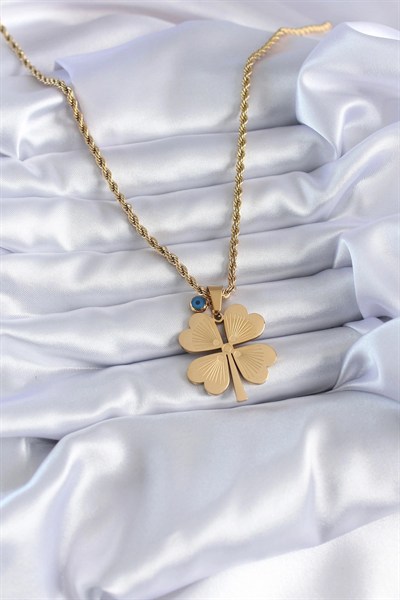 Mey İthalat® 316L Çelik Gold Renk Burgu Model İşlemeli Yonca Figür Nazar Boncuk Detay Kadın Kolye