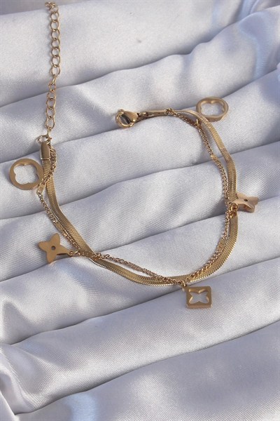 Mey İthalat® 316L Çelik Gold Renk Çift Zincir Yonca Tasarım Bileklik