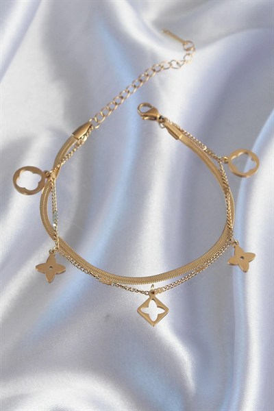 Mey İthalat® 316L Çelik Gold Renk Çift Zincir Yonca Tasarım Bileklik