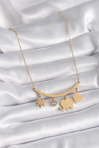 Mey İthalat® 316L Çelik Gold Renk Fil Figür Zirkon Taş Detay Kadın Kolye