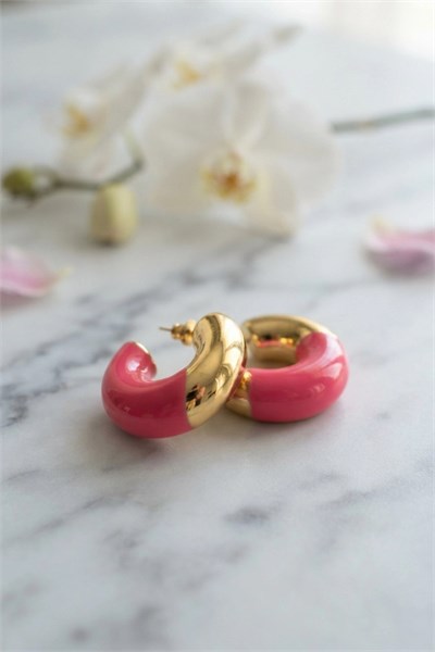 Mey İthalat® 316L Çelik Gold Renk Fuşya Halka Model Kadın Küpe