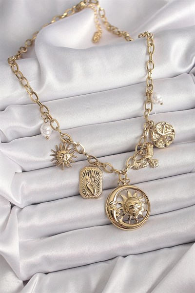 Mey İthalat® 316L Çelik Gold Renk Halka Zincir Sallantı Ay Güneş Figür Kuş Detay Kadın Kolye