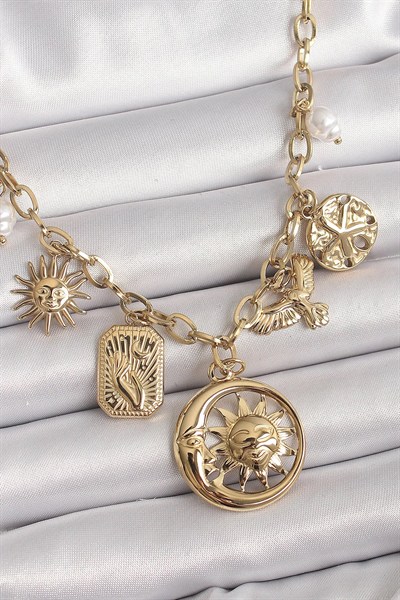 Mey İthalat® 316L Çelik Gold Renk Halka Zincir Sallantı Ay Güneş Figür Kuş Detay Kadın Kolye