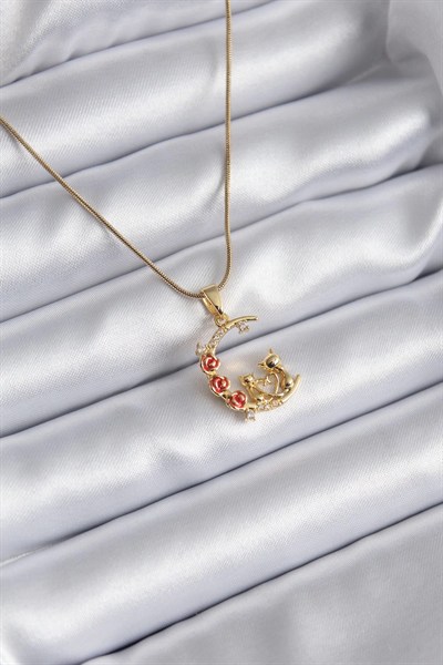 Mey İthalat® 316L Çelik Gold Renk Hilal Kedi Model Zirkon Taşlı Detay Kadın Kolye
